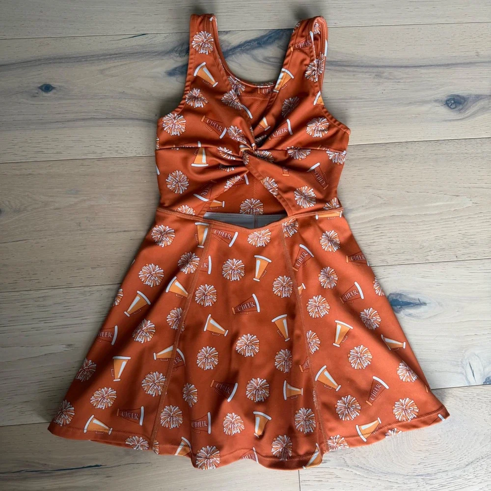 SweetHoney Kids Orange Cheer Print Active Dress with Built-in Shorts Size 8Y